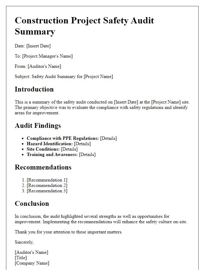 Letter template of construction project safety audit summary