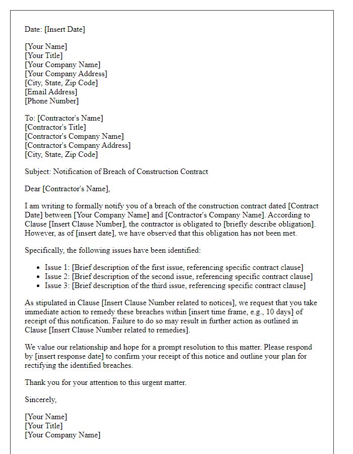 Letter template of construction contract breach notification referencing contract clauses