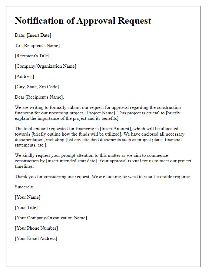 Letter template of notification for approval request regarding construction financing