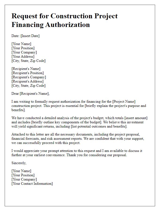 Letter template of request for construction project financing authorization