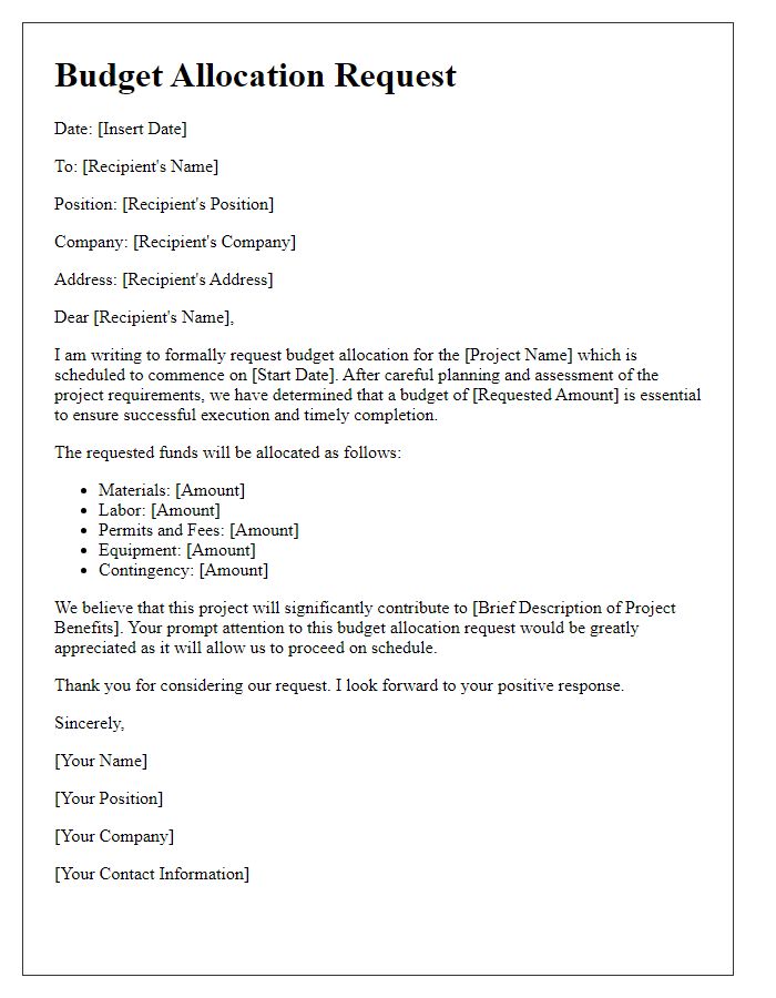 Letter template of construction project budget allocation request