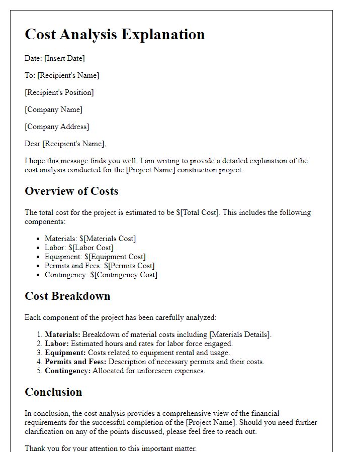 Letter template of construction project cost analysis explanation