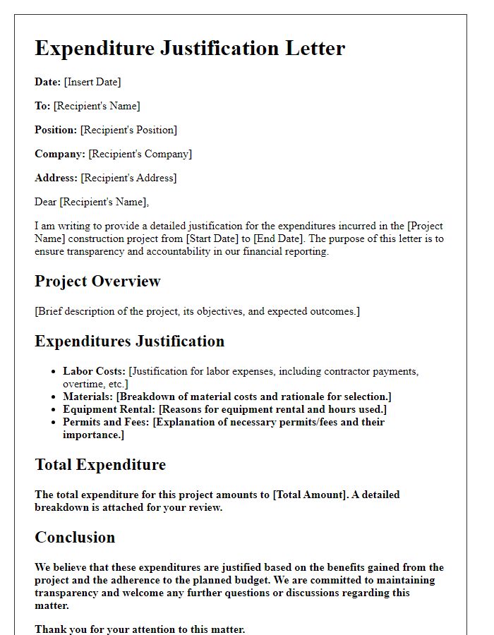 Letter template of construction project expenditure justification