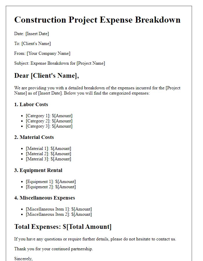 Letter template of construction project expense breakdown