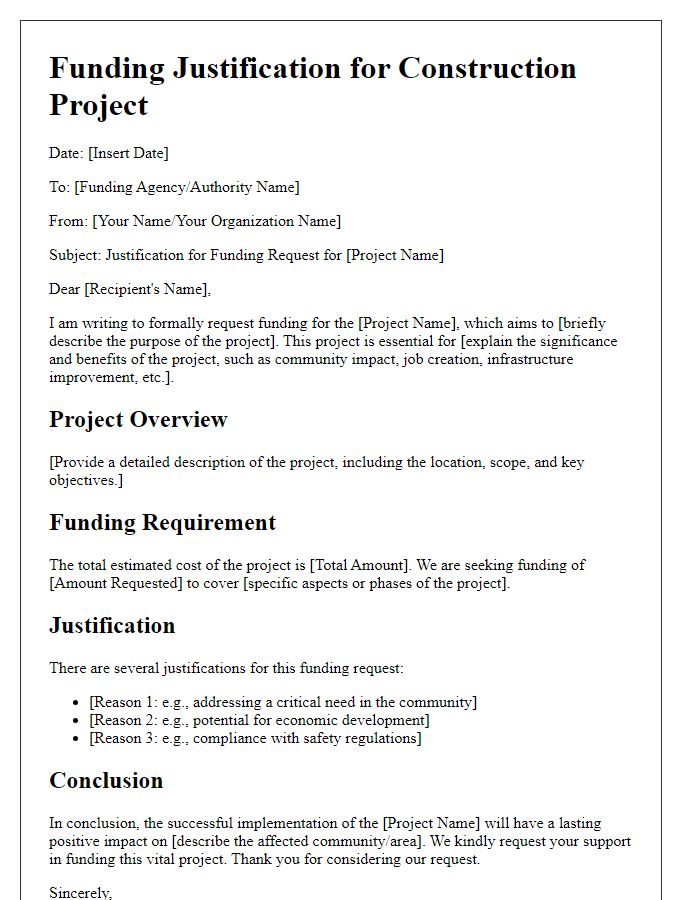 Letter template of construction project funding justification