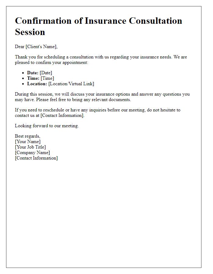 Letter template of Confirmation for Insurance Consultation Session