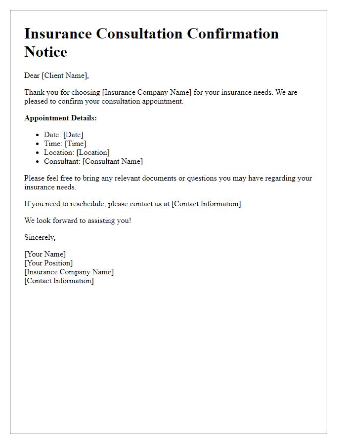 Letter template of Insurance Consultation Confirmation Notice