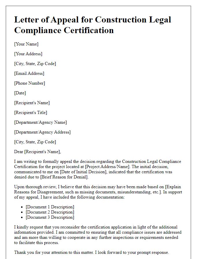 Letter template of construction legal compliance certification appeal