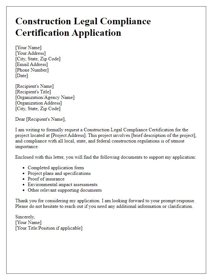 Letter template of construction legal compliance certification application