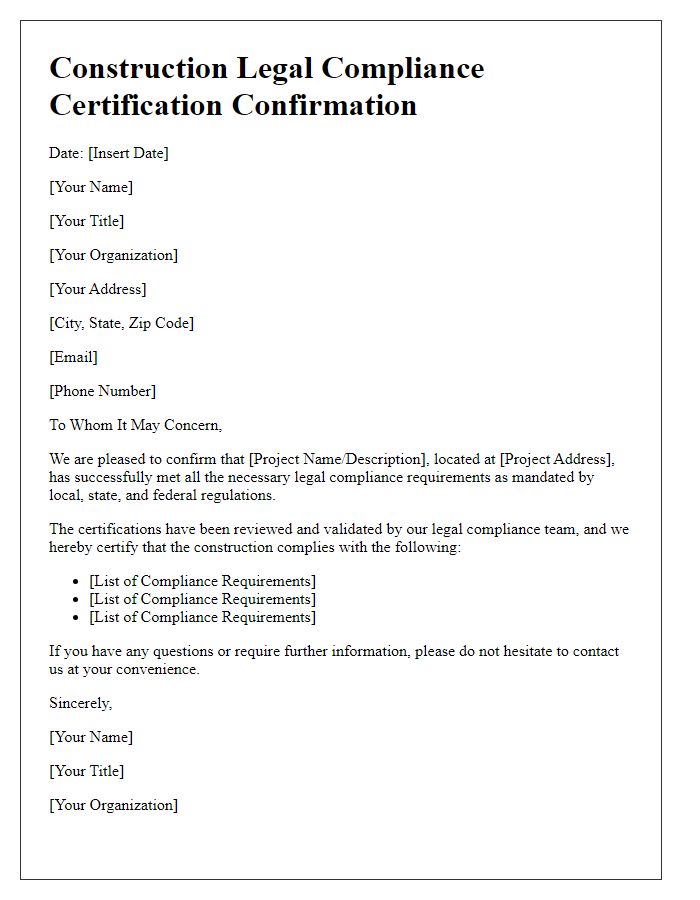 Letter template of construction legal compliance certification confirmation