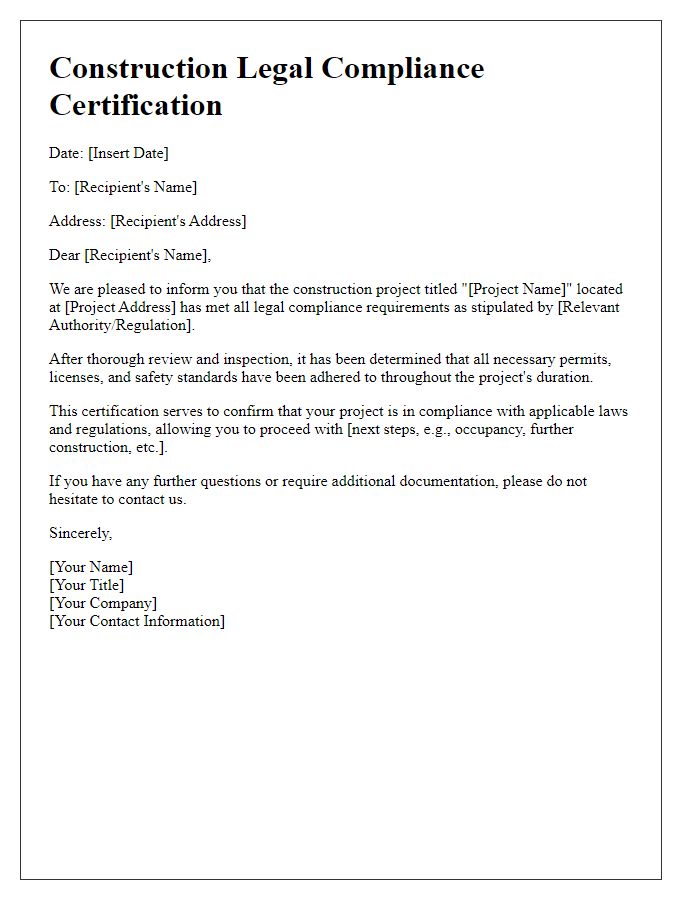 Letter template of construction legal compliance certification issuance