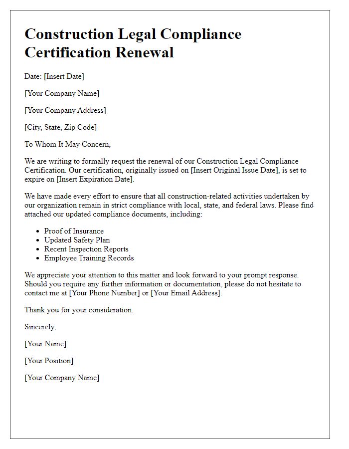 Letter template of construction legal compliance certification renewal