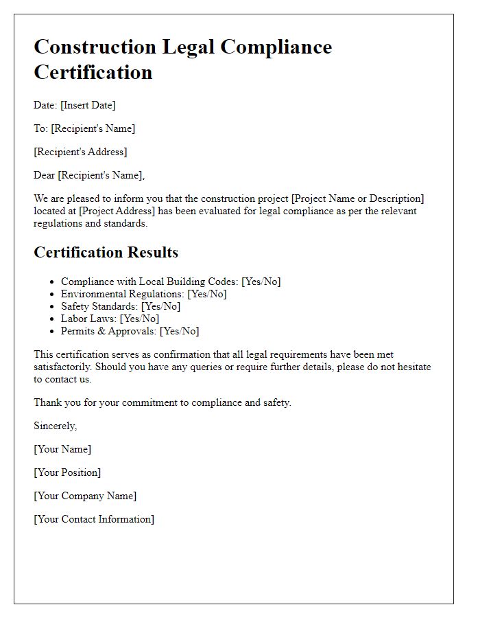 Letter template of construction legal compliance certification results