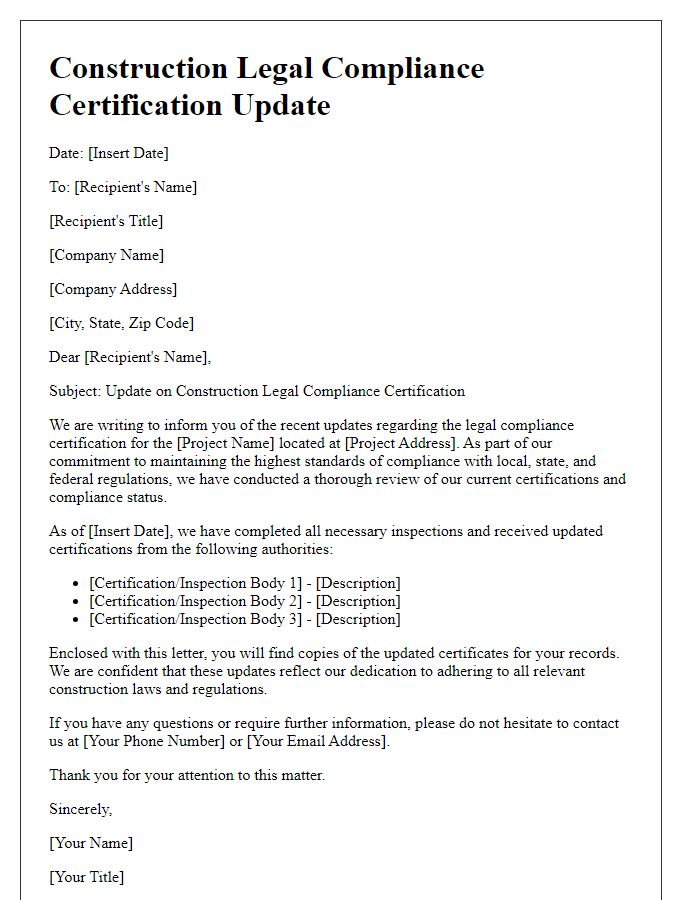 Letter template of construction legal compliance certification update