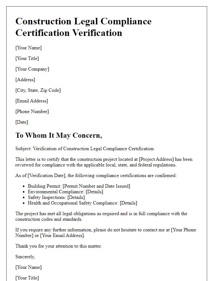 Letter template of construction legal compliance certification verification