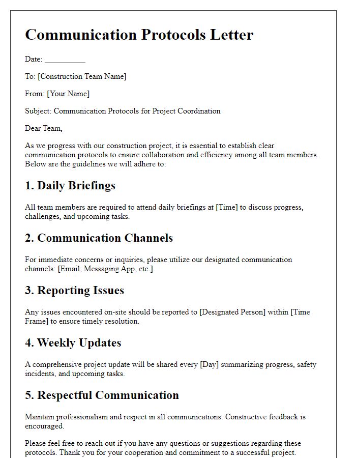 Letter template of communication protocols for construction teams