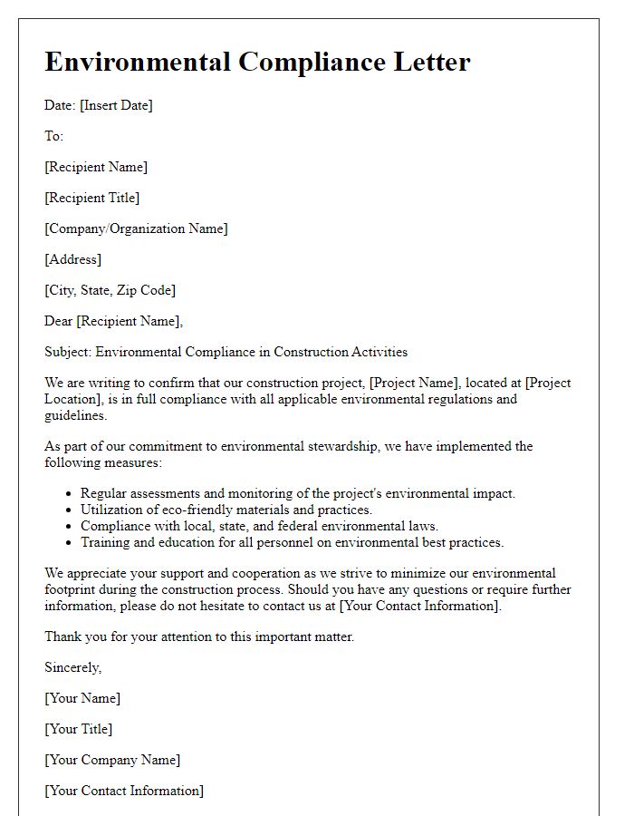 Letter template of environmental compliance in construction activities