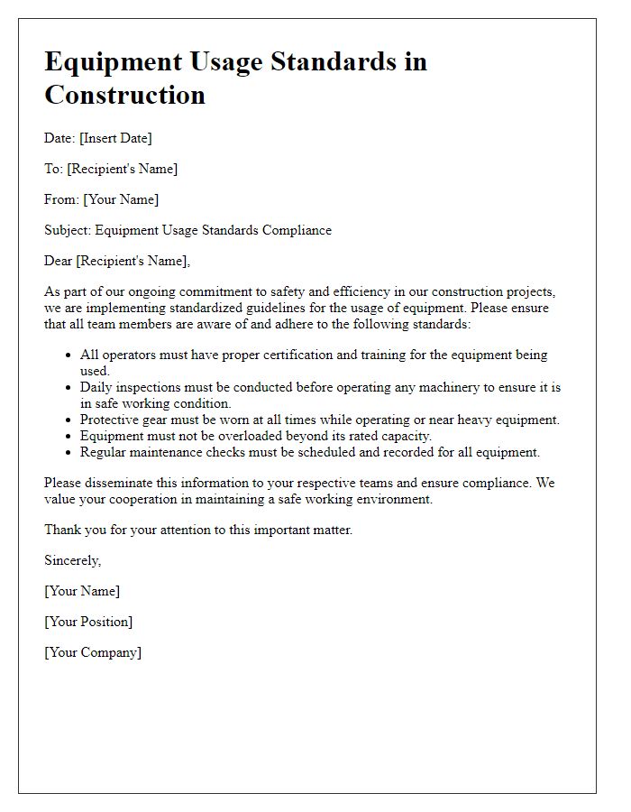 Letter template of equipment usage standards in construction