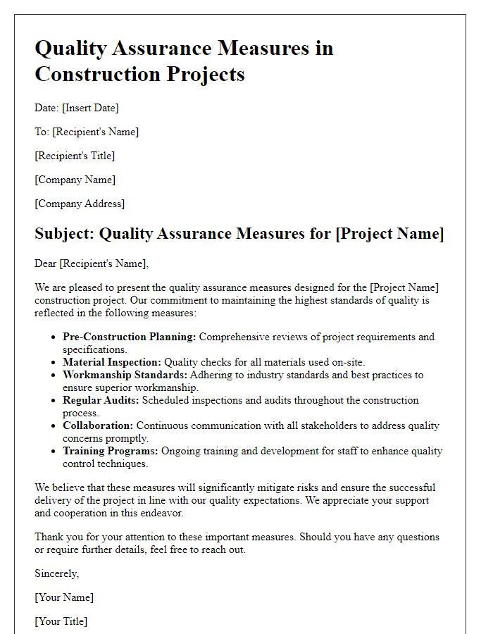 Letter template of quality assurance measures in construction projects