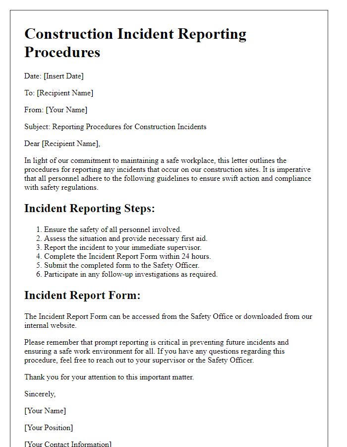 Letter template of reporting procedures for construction incidents