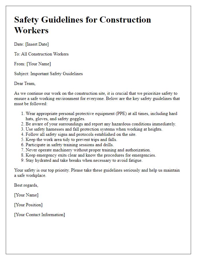 Letter template of safety guidelines for construction workers