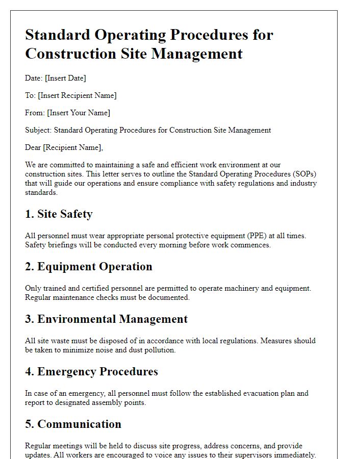 Letter template of standard operating procedures for construction site management