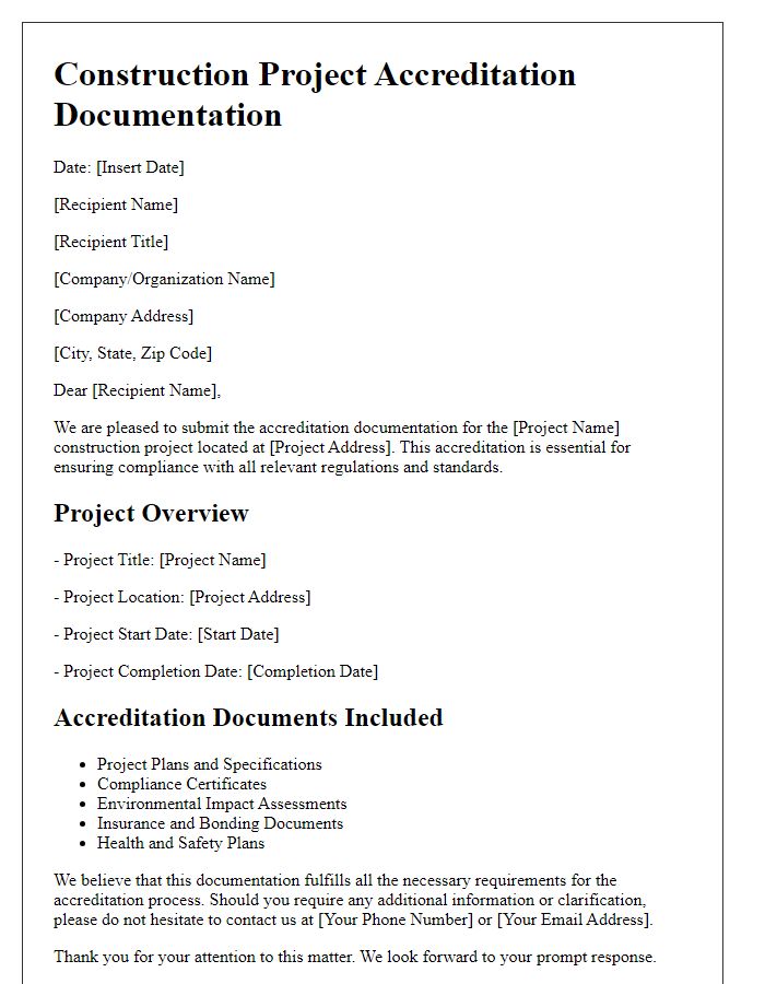 Letter template of construction project accreditation documentation.