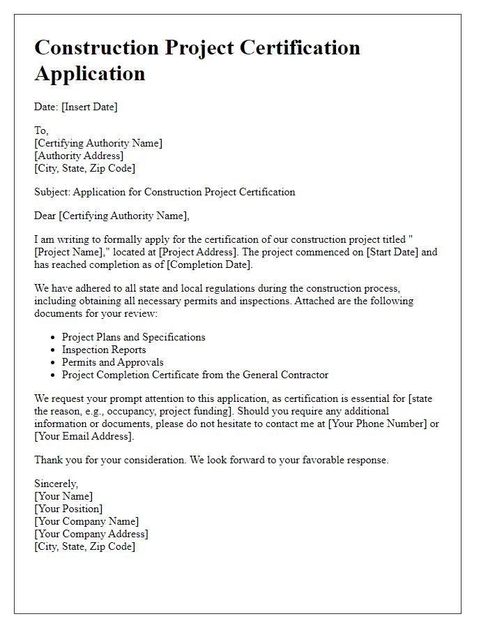 Letter template of construction project certification application.