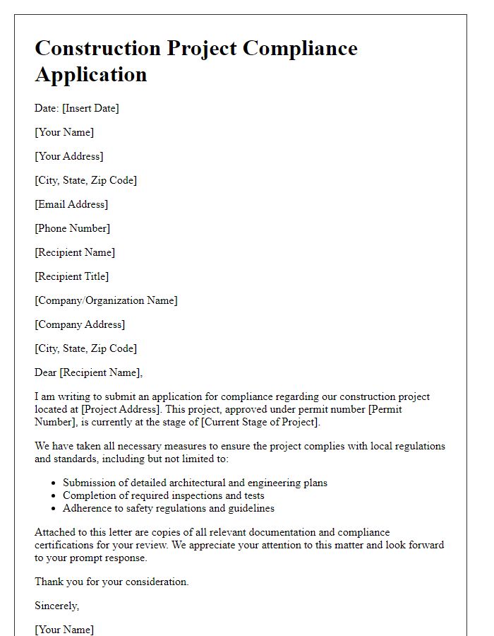 Letter template of construction project compliance application.