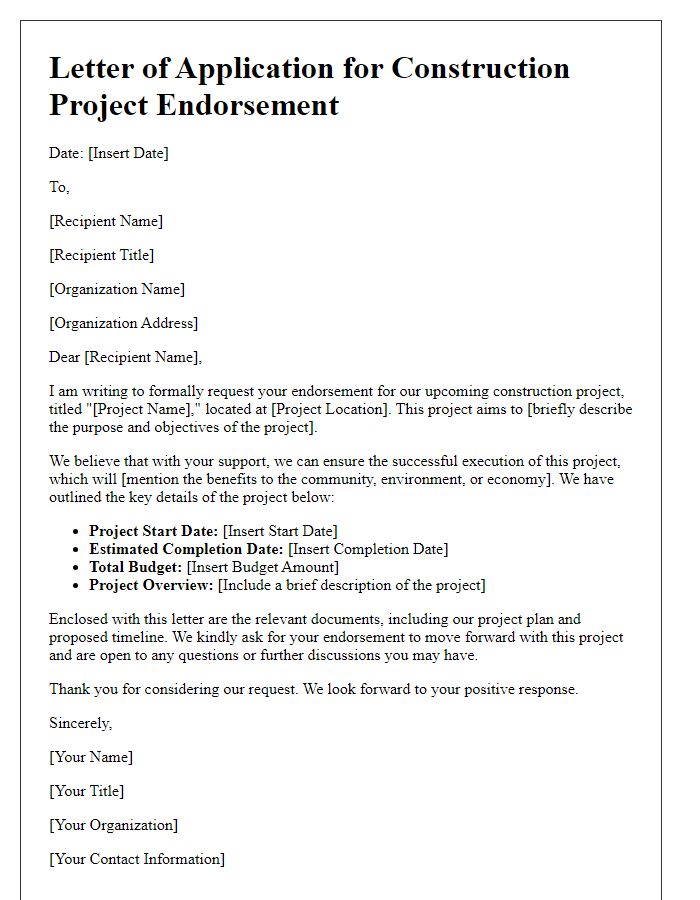 Letter template of construction project endorsement application.