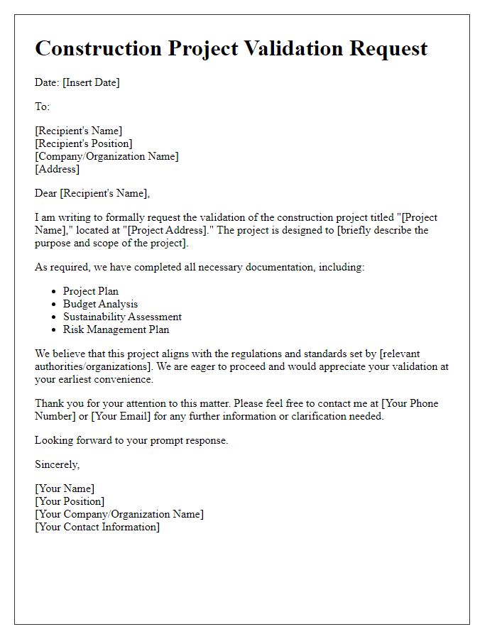 Letter template of construction project validation request.