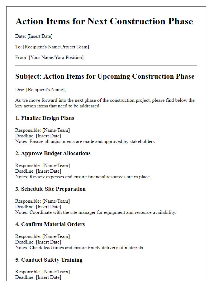 Letter template of action items for next construction phase