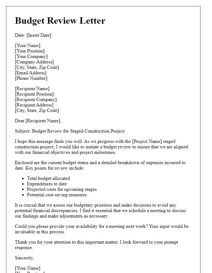 Letter template of budget review for staged construction project