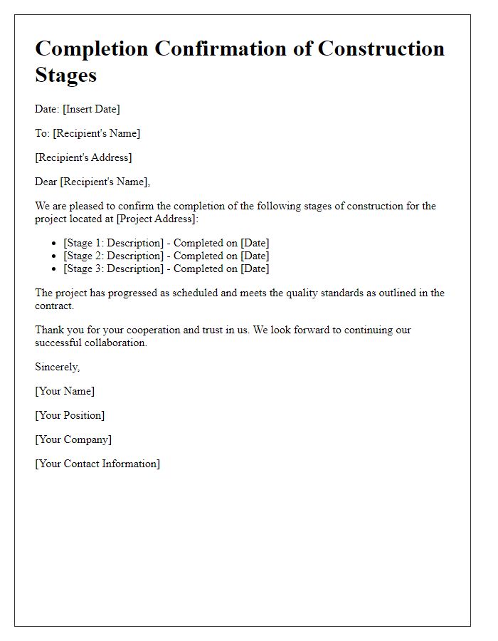 Letter template of completion confirmation for construction stages