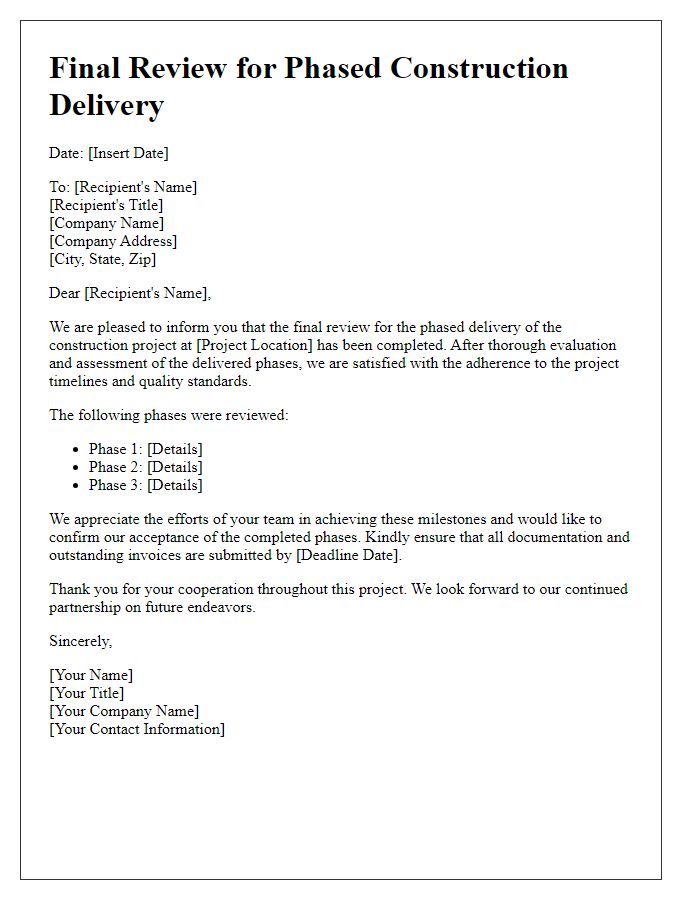 Letter template of final review for phased construction delivery