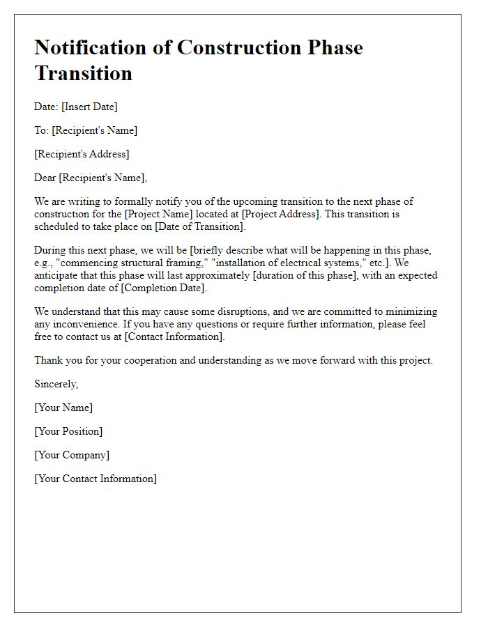 Letter template of notification for construction phase transitions