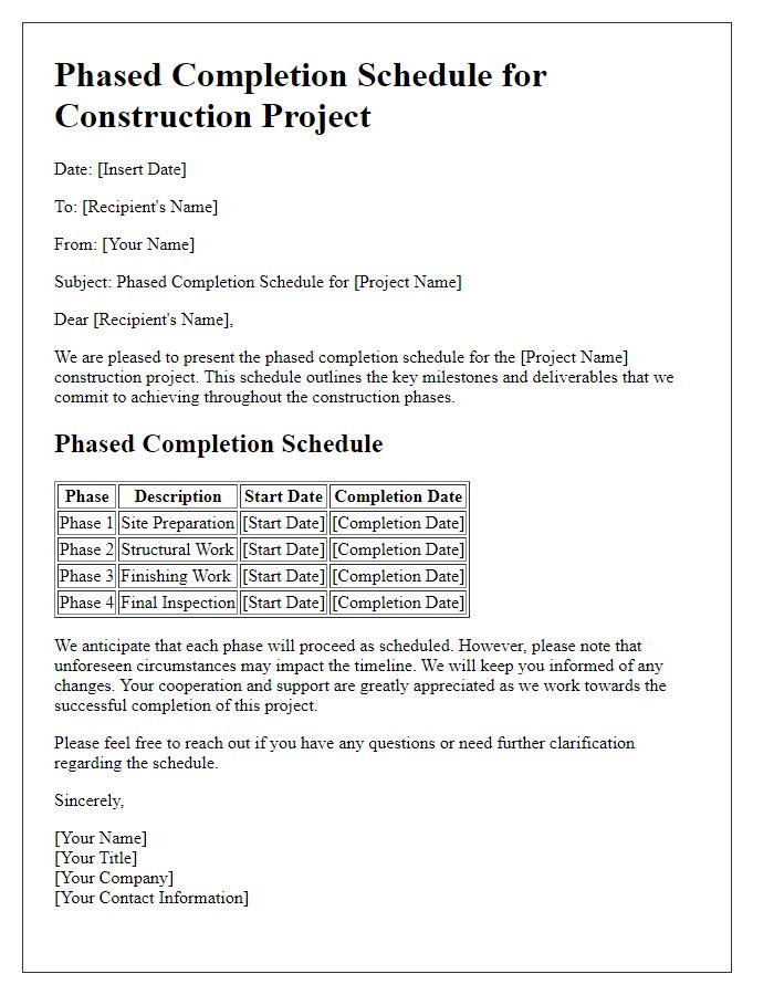 Letter template of phased completion schedule for construction project