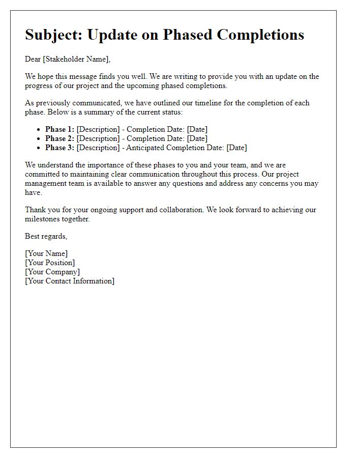 Letter template of stakeholder communication regarding phased completions