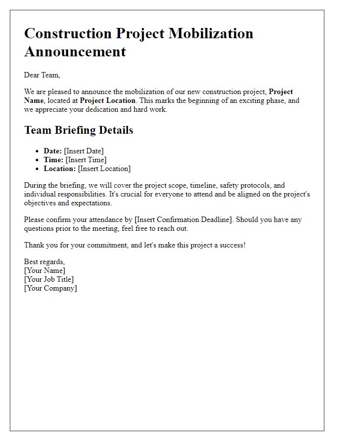 Letter template of construction project mobilization announcement for team briefing