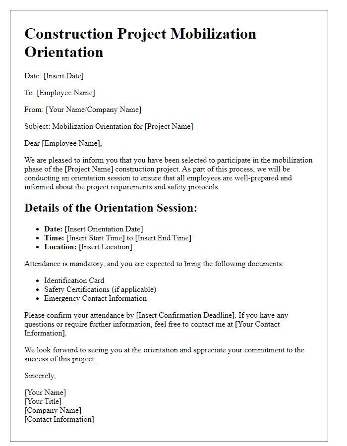 Letter template of construction project mobilization for employee orientation