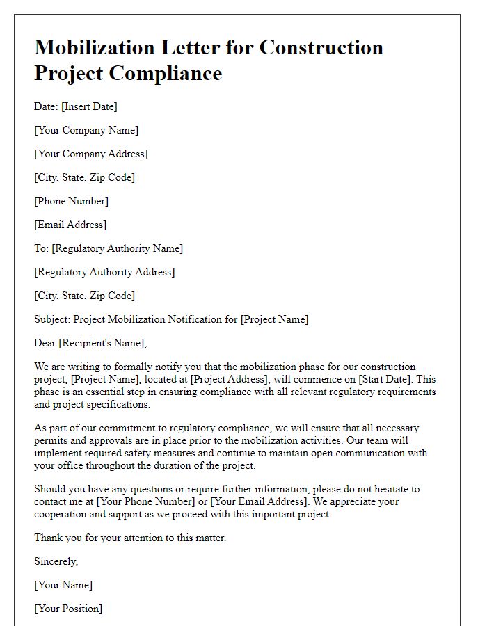 Letter template of construction project mobilization for regulatory compliance