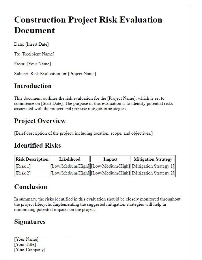 Letter template of construction project risk evaluation document.