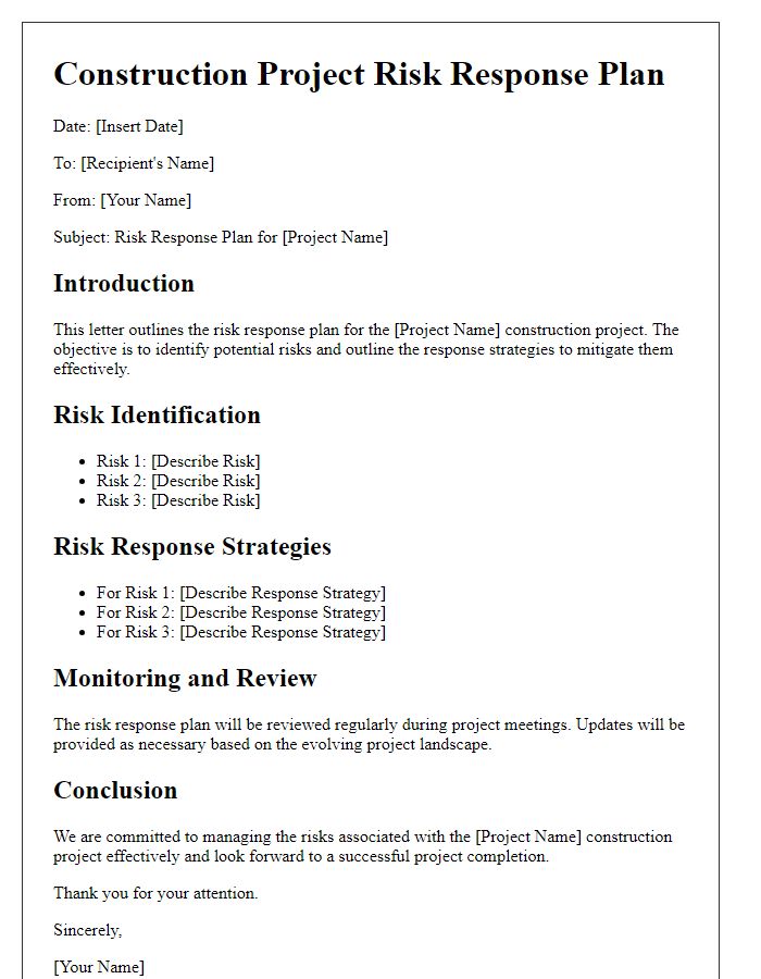 Letter template of construction project risk response plan.