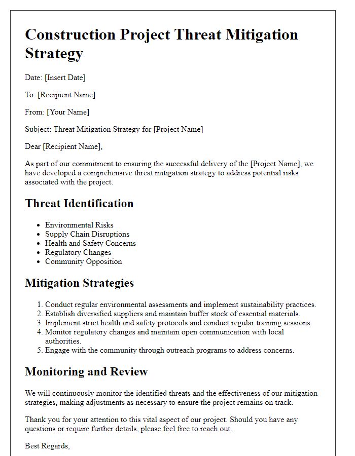 Letter template of construction project threat mitigation strategy.