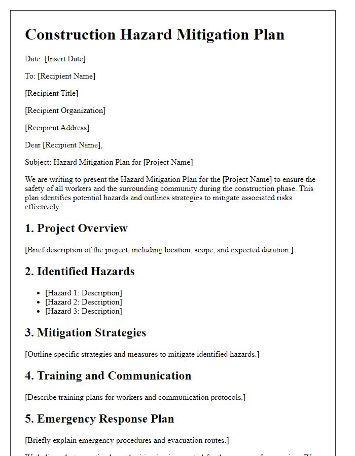 Letter template of project construction hazard mitigation plan.