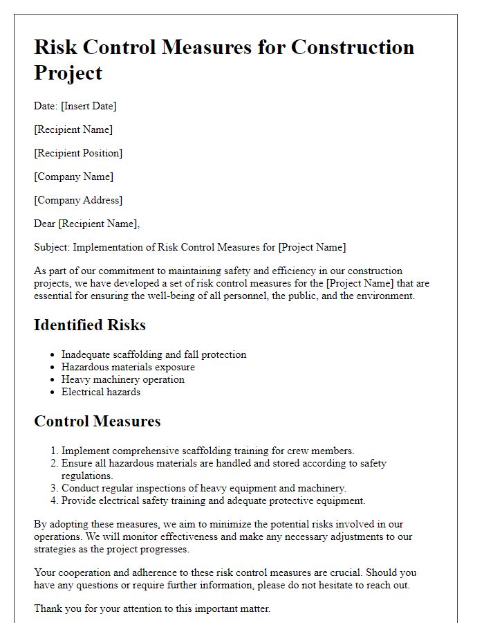 Letter template of risk control measures for construction projects.