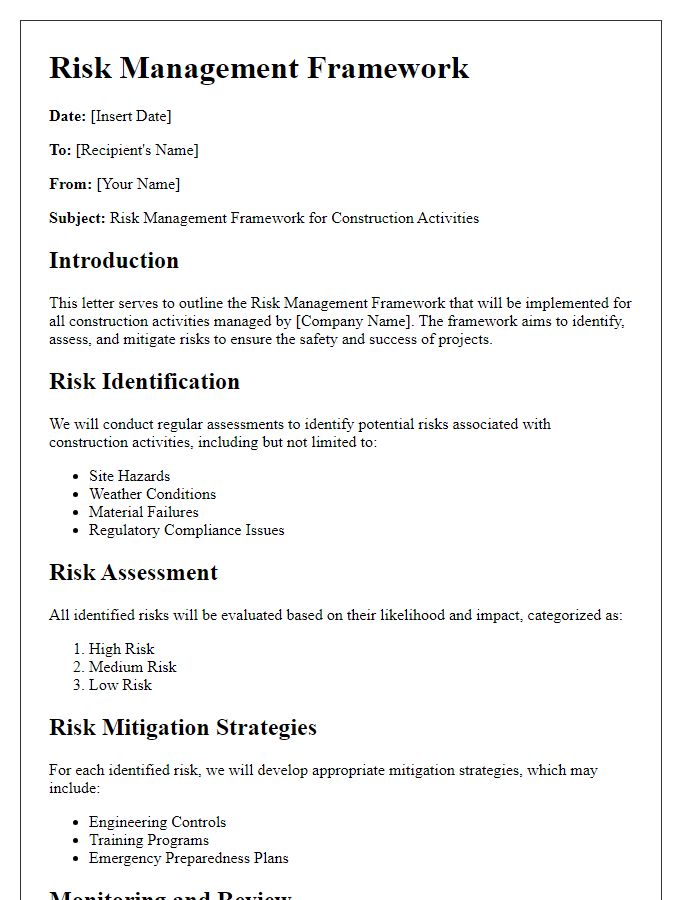 Letter template of risk management framework for construction activities.