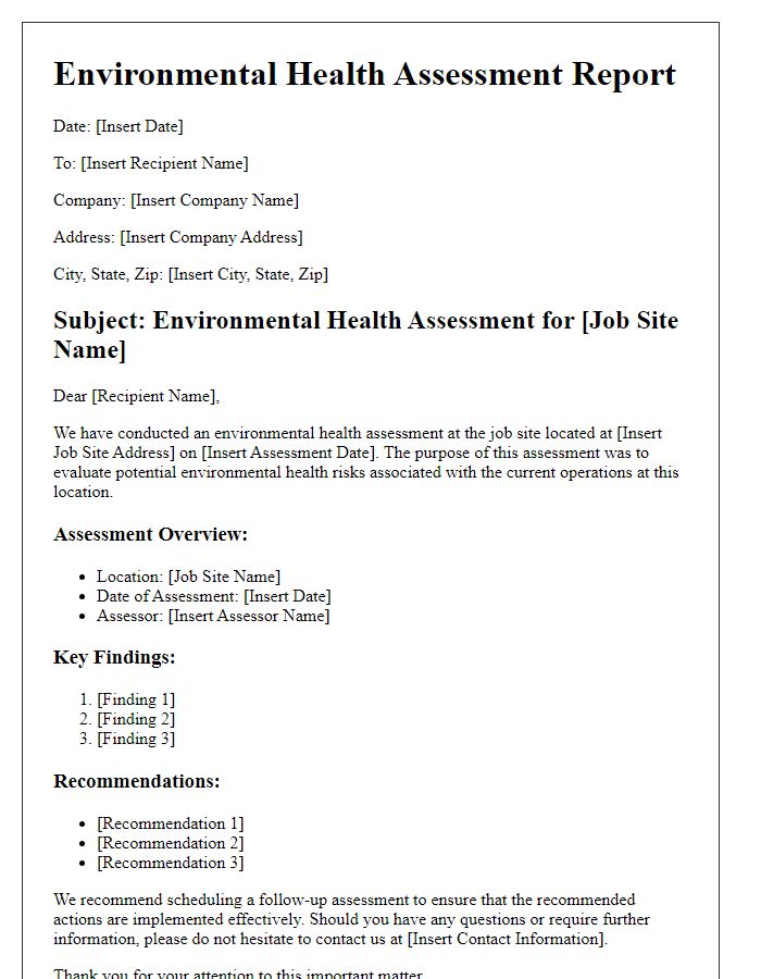 Letter template of environmental health assessment for job sites