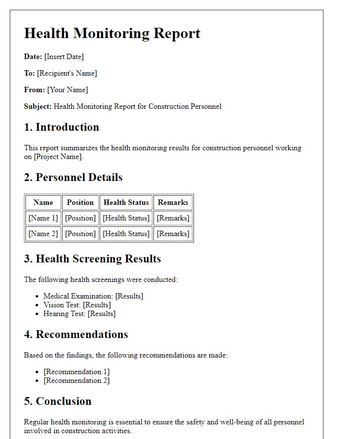 Letter template of health monitoring report for construction personnel