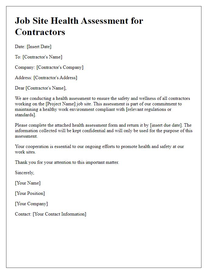 Letter template of job site health assessment for contractors